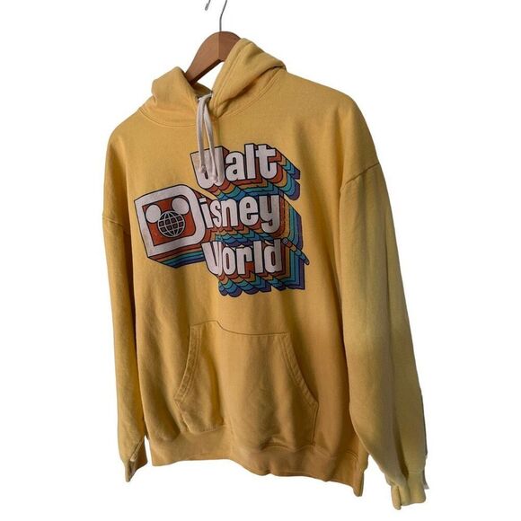 Walt Disney World Retro Unisex Rainbow Spell Out Yellow 70’s Disney Hoodie Large - Picture 1 of 10